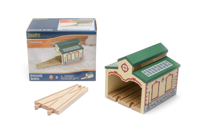 maxim enterprise, inc. Wooden Train Engine Shed, Multicolor Railway Shed Houses 2 Toy Engines, Wood Train Accessories with 2-Way Switching Track, Compatible with Thomas & Friends and Major Brands - Image 1